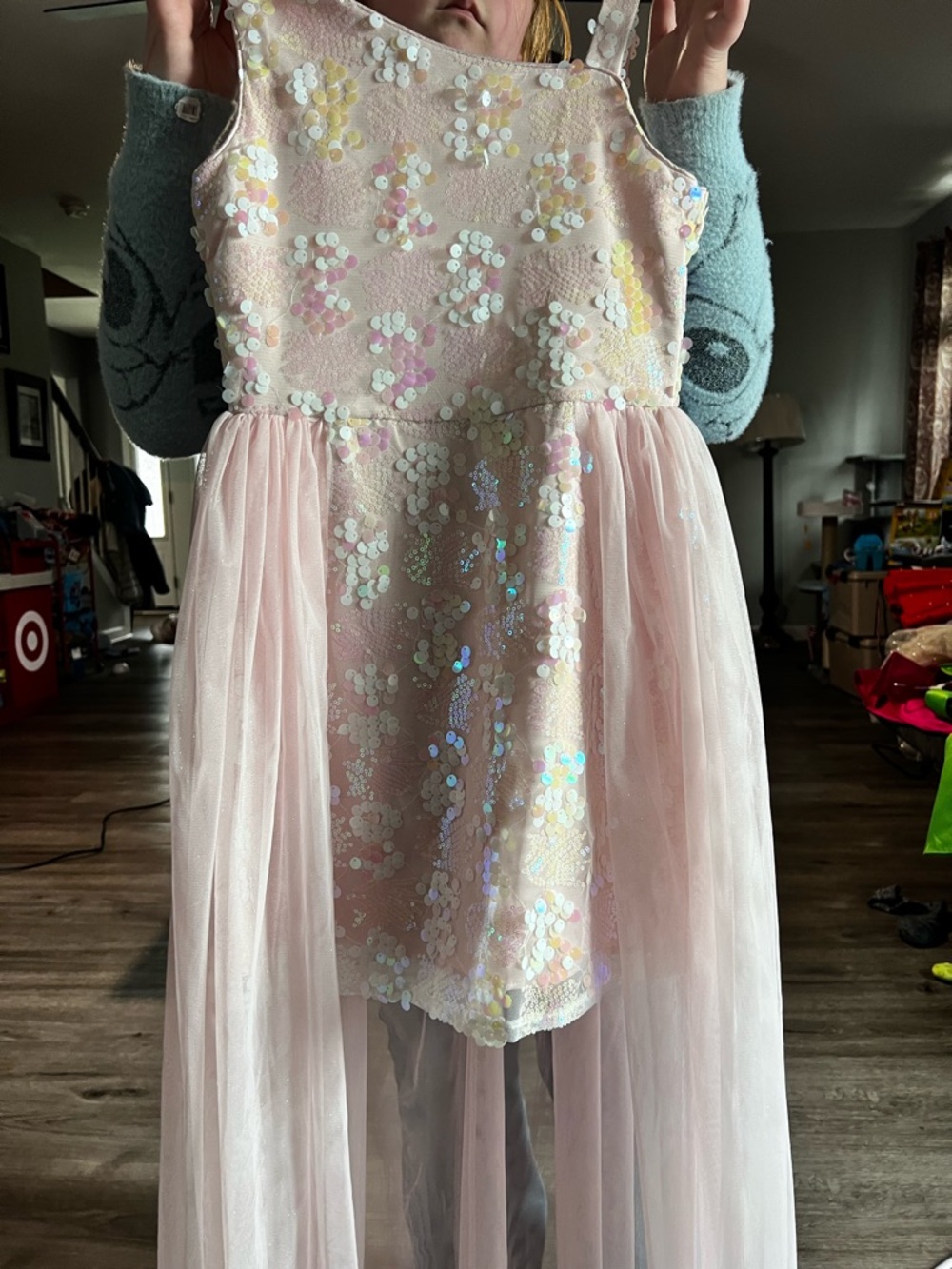 Rare Editions Pink Sequined Tulle Dress with Sheer Overlay